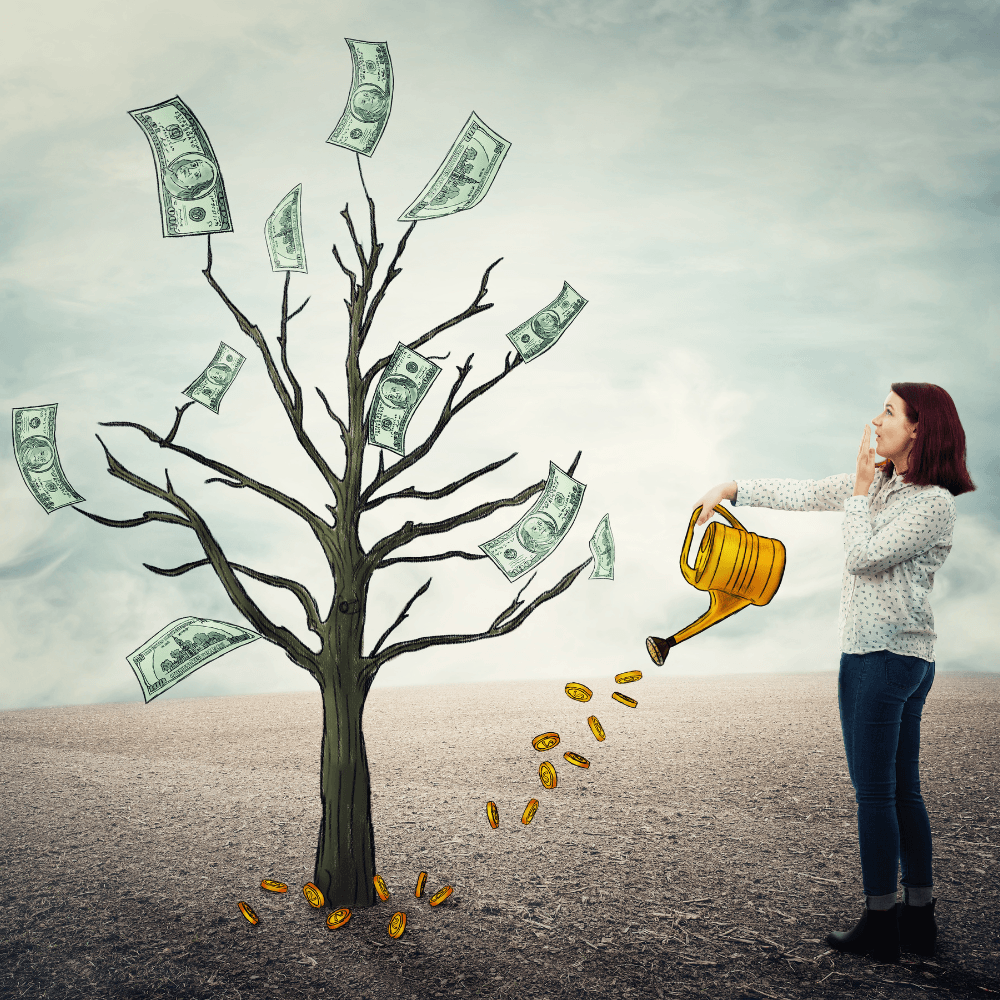 Woman watering a tree that grows dollar bills