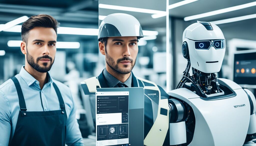 Show a split-screen image of a worker in a traditional job and an AI robot in a modern job, highlighting the stark contrast in the work environment, tools, and tasks. Use muted colors for the traditional worker and bright, futuristic tones for the AI robot to accentuate the potential impact of AI on traditional jobs.