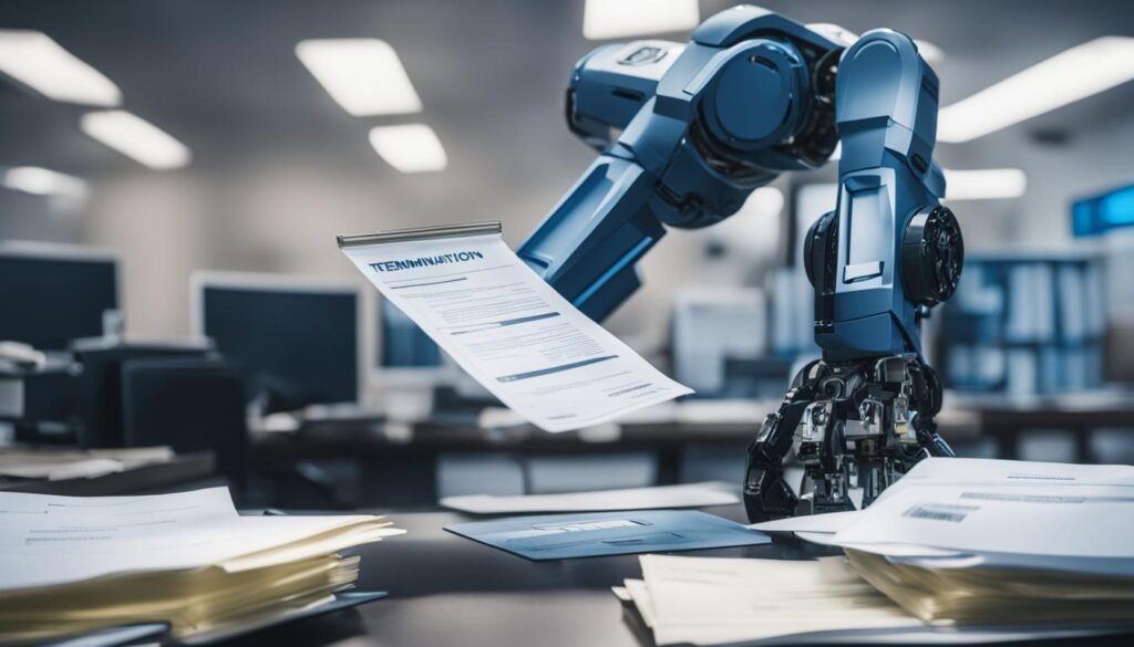 A futuristic robot arm reaching for a human employee's name tag on a desk, while the employee looks worried and stressed in the background. In the foreground, a stack of papers labeled "termination notices" sits on the desk. The lighting is dim and blue-toned to suggest a dystopian atmosphere.