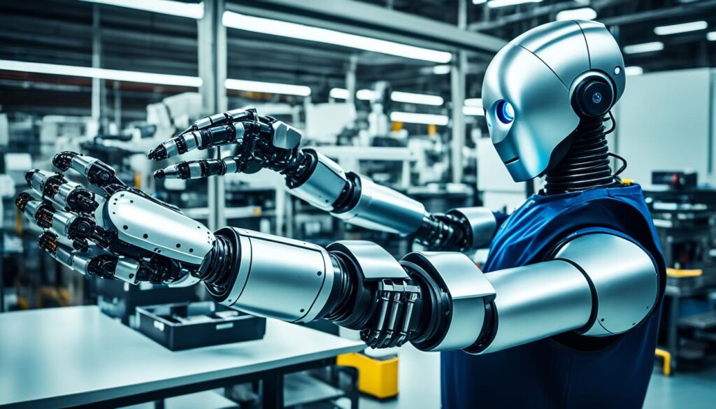 A robot arm taking over a human's job at a factory.